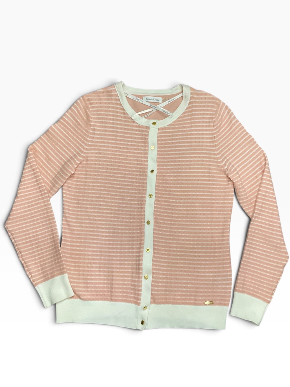 Calvin Klein Pink and White Striped Button-Front Cardigan EUC